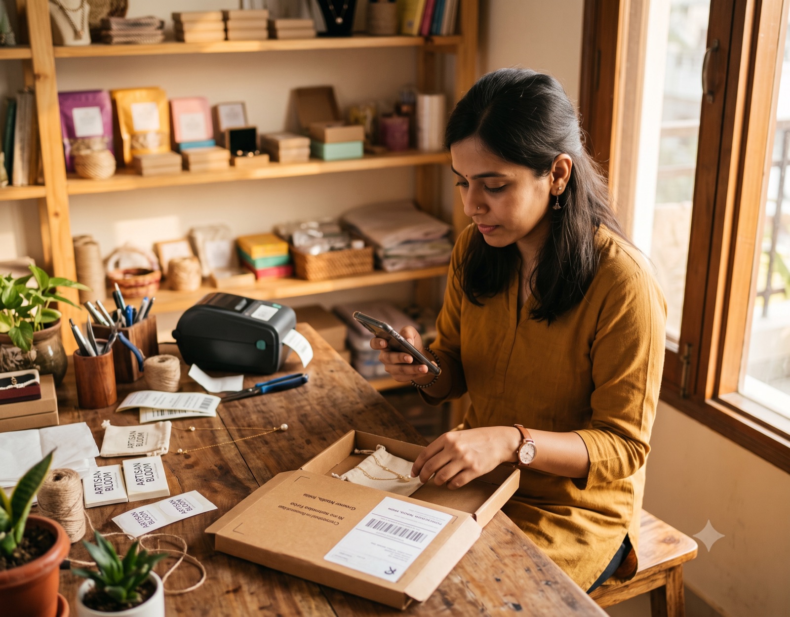Seller packing an order while checking her phone